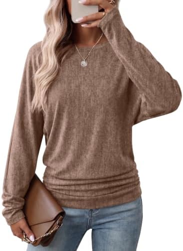 A relaxed dolman tunic in heathered chestnut brown, shaped with side ruching at the hips for easy layering through cool weather.