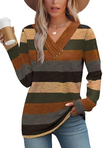 Muted horizontal stripes in warm seasonal tones give this soft long sleeve top an easy, polished look.