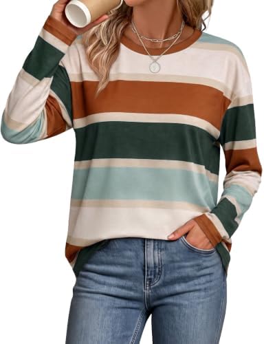 Striped in earthy caramel and soft green tones, this relaxed long sleeve top layers smoothly under cardigans or stands alone.