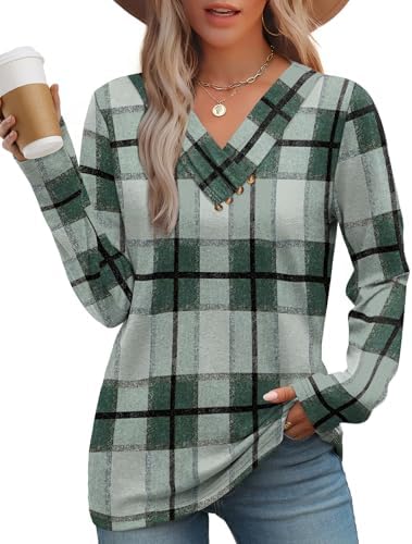 Crisp green grid patterning gives this soft long sleeve top a tailored look for the office or casual weekend mornings.