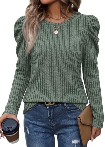 Rich green fabric meets gathered puff sleeves in a relaxed pullover knit designed for cool evenings.
