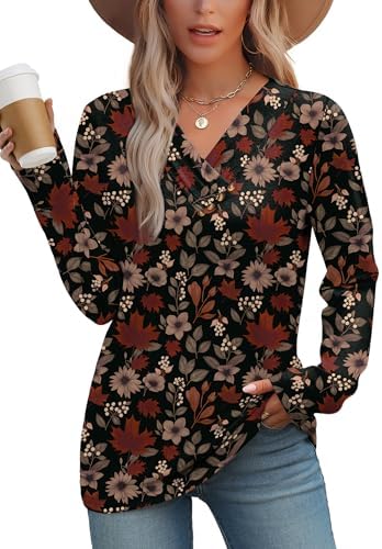 Warm autumn tones define this soft long sleeve top, cut with a relaxed V-neck and decorative front buttons in our Maple Leaf print.