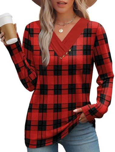 Woven in vibrant red plaid, this long sleeve tunic combines a cozy thicker knit with a classic buttoned henley neckline.