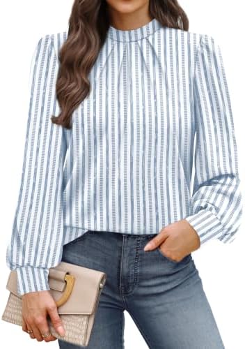 Crisp light blue vertical stripes give this stretch mock neck blouse a clean look that works tucked into tailored trousers.