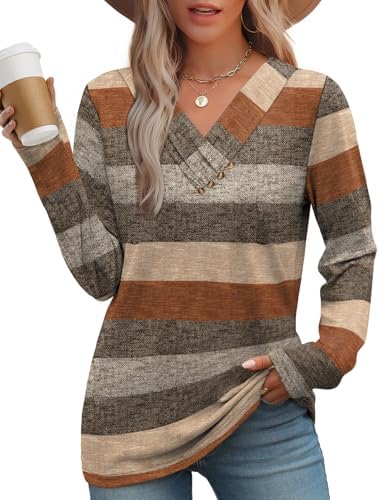 Warm orange stripes bring a cheerful pattern to this long sleeve tunic cut with a relaxed v-neckline and decorative center buttons.
