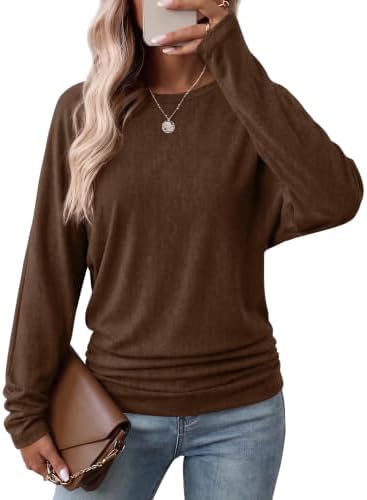 A rich brown pullover knit with dolman sleeves and ruched side gathers that sit comfortably over jeans or slacks.