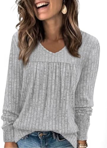 Fine vertical ribs and a soft V-neckline give this lightweight grey long sleeve top an easy, breathable drape.