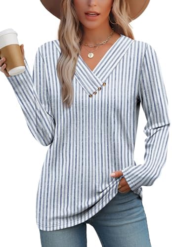 Crisp vertical stripes run straight down this soft long sleeve top, finished with a neat V-neck and decorative front buttons.