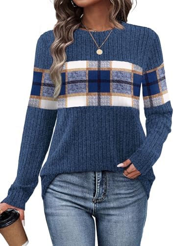 Tonal navy plaid panels across the chest and sleeves give this lightweight crewneck pullover a balanced, crisp look.