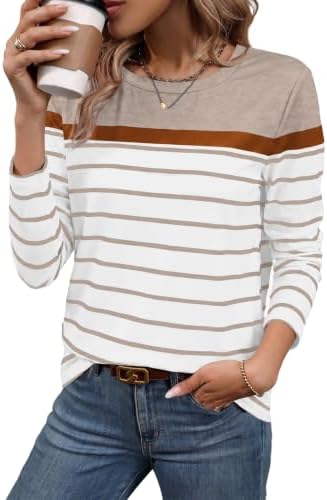 Fine horizontal stripes across a warm beige ground give this relaxed crewneck top an easy, neutral finish.