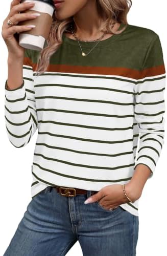 Thin green horizontal stripes meet solid color blocking across a soft, stretchy crew neck top.