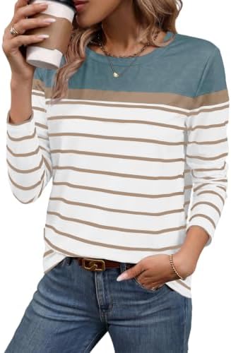 Thin horizontal stripes meet light blue panels on a soft, stretchy crewneck cut for easy everyday wear.