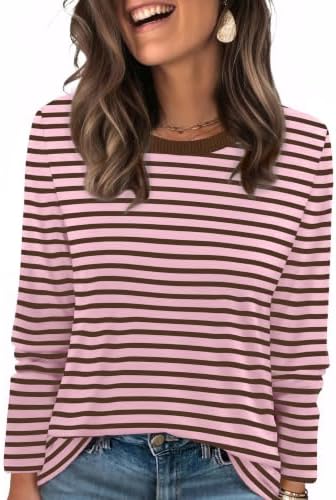 Muted rusty rose stripes warm up this lightweight long sleeve crewneck cut with extra room through the hips.