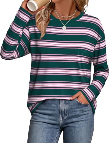 Green and pink stripes bring fresh contrast to this easy drop-shoulder long-sleeve knit.
