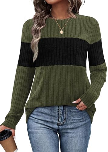 Color blocked panels across the chest and sleeves give this army green lightweight sweater a clean, graphic look.