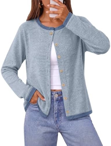 Crisp contrast trim frames this lightweight blue knit cardigan, giving you an easy buttoned layer for cool mornings and air-conditioned rooms.