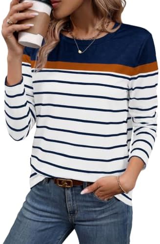 Fine horizontal stripes and contrast blue color blocking give this soft long sleeve top an easy, balanced drape.