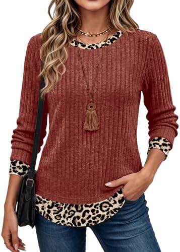 A built-in layered collar gives this caramel tunic the look of two tops in one soft, stretchy knit piece.