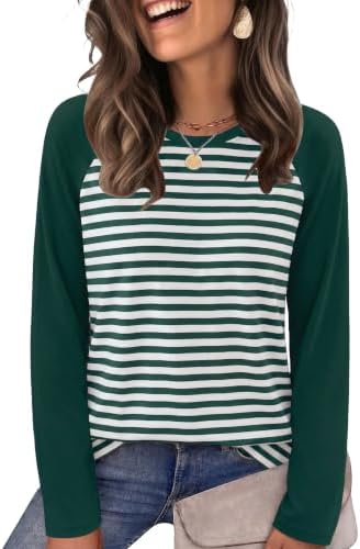 Crisp green and white stripes across the sleeves give this crewneck top an easy, bright feel for cooler days.