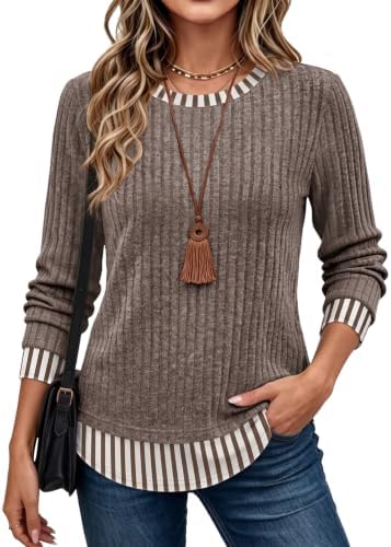 Striped khaki knit gives this faux layered long sleeve the put-together look of two pieces in one easy top.
