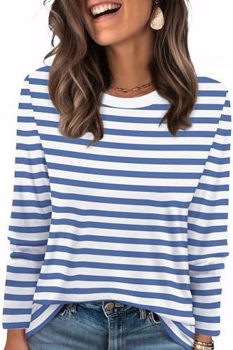 Classic blue and white stripes give this soft long sleeve crewneck top a crisp maritime look for coastal afternoons and cool evenings.