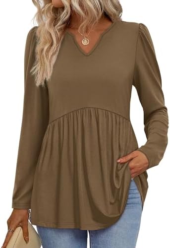 Deep chocolate brown adds rich depth to this loose babydoll top, finished with soft puff sleeves and a tidy V-neckline.