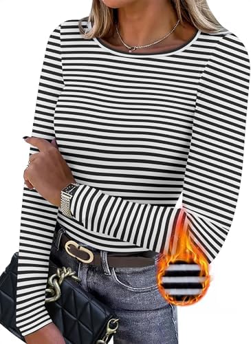 Crisp black stripes run across this long-sleeve thermal knit, lined with light fleece for chilly mornings.