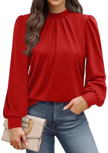 A rich red tunic blouse tailored with a gathered mock neck, soft shoulder pleats, and comfortable stretch for workdays and cool nights.