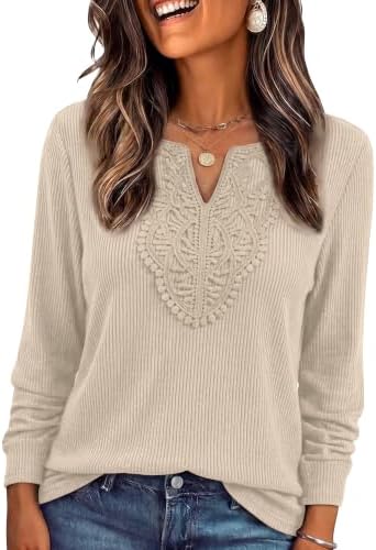 Delicate lace borders the neckline on this warm apricot ribbed long-sleeve knit, sized small through double extra large.