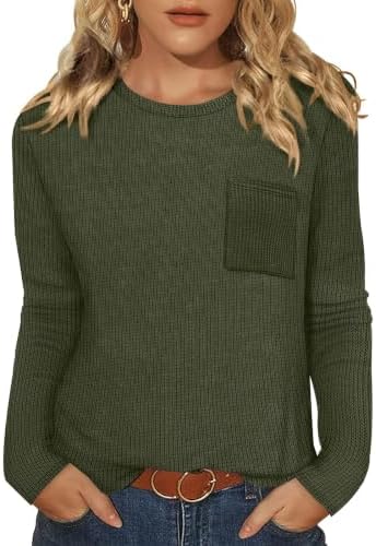 A thin waffle knit in earthy army green brings soft texture, long sleeves, and a curved hem to cool breezy days.