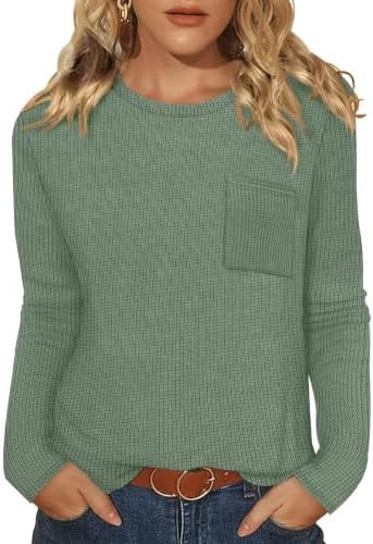 Soft textured waffle knit in rich green makes this long sleeve top an easy layer for cool mornings and office days.
