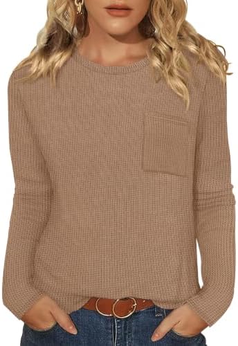 A thin waffle knit in neutral khaki gives this long sleeve top a soft texture for easy workdays and resort travel.