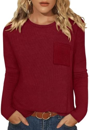 Textured thin waffle knit in a vivid red tone gives this long sleeve crewneck top an easy, cheerful presence for cool days.