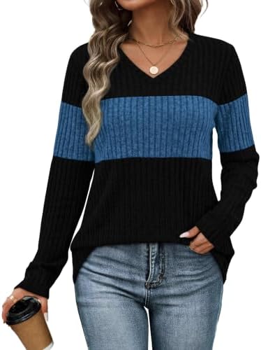 Navy panels anchor the modern color block pattern on this light sweater, finished with a neat V-neckline for easy layering.