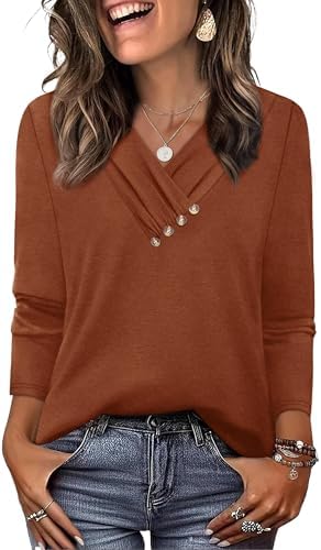 Warm caramel tone meets a neat V-neckline with decorative buttons, cut in a soft knit that layers easily when temperatures drop.