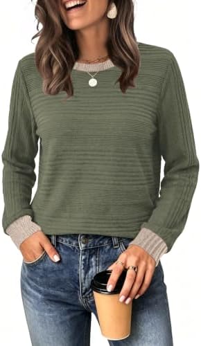Deep green color blocking sets off the round neckline on this velvety soft long-sleeve top.