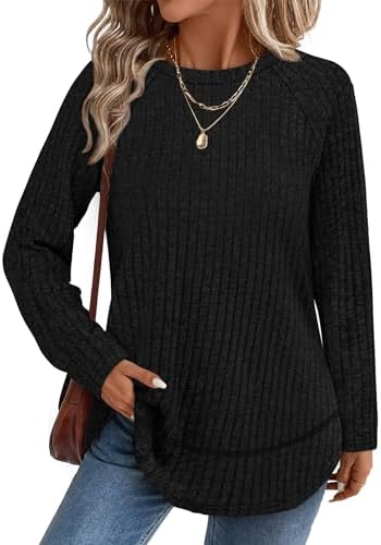 A curved high-low hem and fine ribbed texture make this black long sleeve tunic an easy match for your favorite leggings.