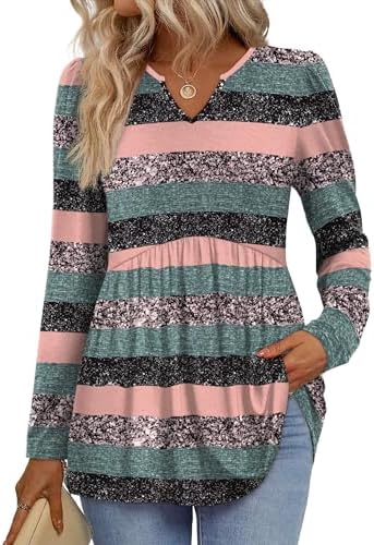 Soft pink stripes run across this lightweight long sleeve top, cut with a relaxed babydoll flare and gentle puff sleeves.