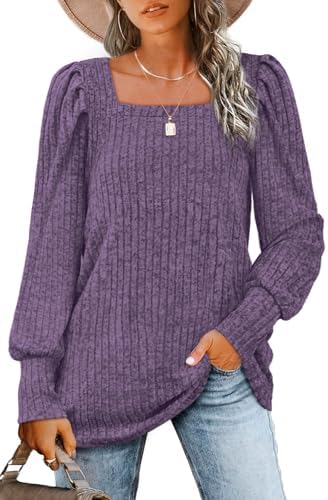 Puff sleeves and a modern square neckline give this purple tunic sweater just the right amount of shape.