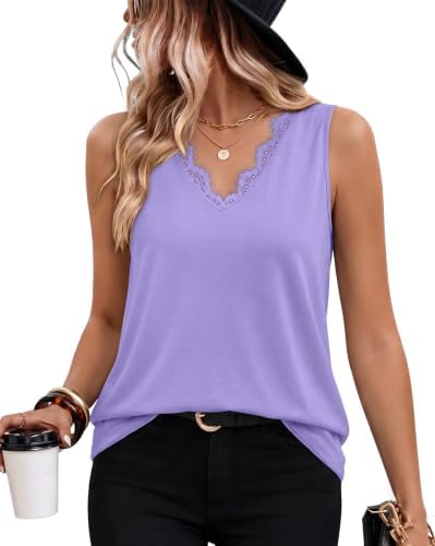 A soft lace V-neck tank in rich purple, cut with an easy curved hem that falls neatly over shorts or skirts.