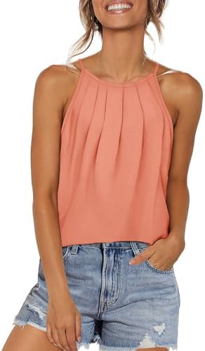 A bright coral knit catches the sun in this breezy halter tank cut with front pleats and a sweeping curved hem.