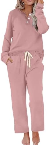 A soft button-front henley and wide-leg drawstring pants pair up in a gentle pink knit for relaxed travel and downtime.