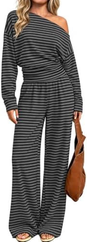 Fine black and grey stripes give this two-piece lounge set a crisp look, cut with an asymmetric neckline and wide trousers.