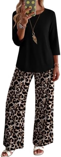 Patterned pants in black, white, and coffee meet a solid three-quarter sleeve top for easy weekend lounging or casual outings.