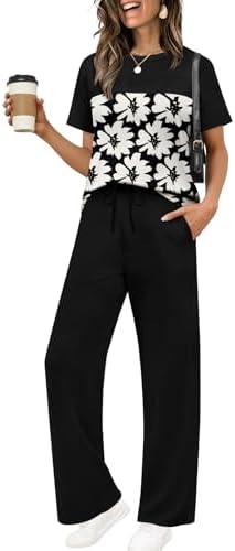 Crisp white florals across a rich black knit give this relaxed two-piece set an easy resort feel that travels without creasing.