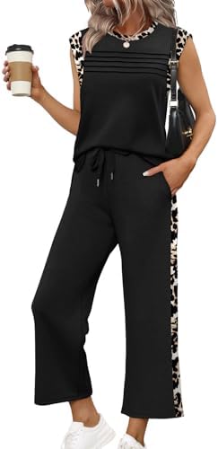 A muted black leopard print patterns this breezy two-piece set, pairing a pleated cap-sleeve top with cropped wide-leg pants.