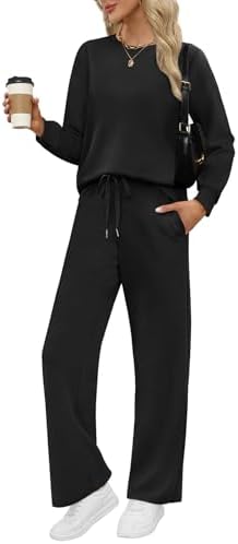 Cut in deep black knit, this two-piece set pairs a classic crew neck top with drapey wide leg pants for easy travel days.