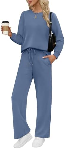 Soft grey blue knit pairs a crewneck long sleeve top with wide leg drawstring pants for easy mornings and travel days.