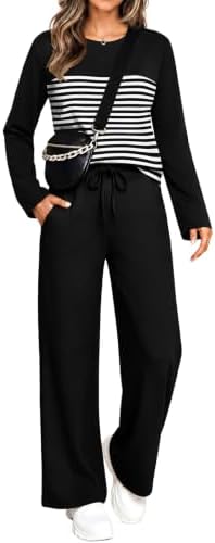 Crisp black stripes give this soft two-piece lounge set a tidy pattern that packs light for weekend travel.