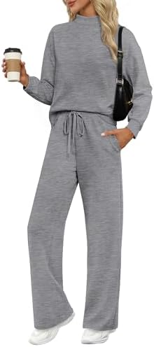 Cool heather grey sets the tone for this two-piece set cut from drapey spacer fabric with a mock neck and wide-leg bottoms.
